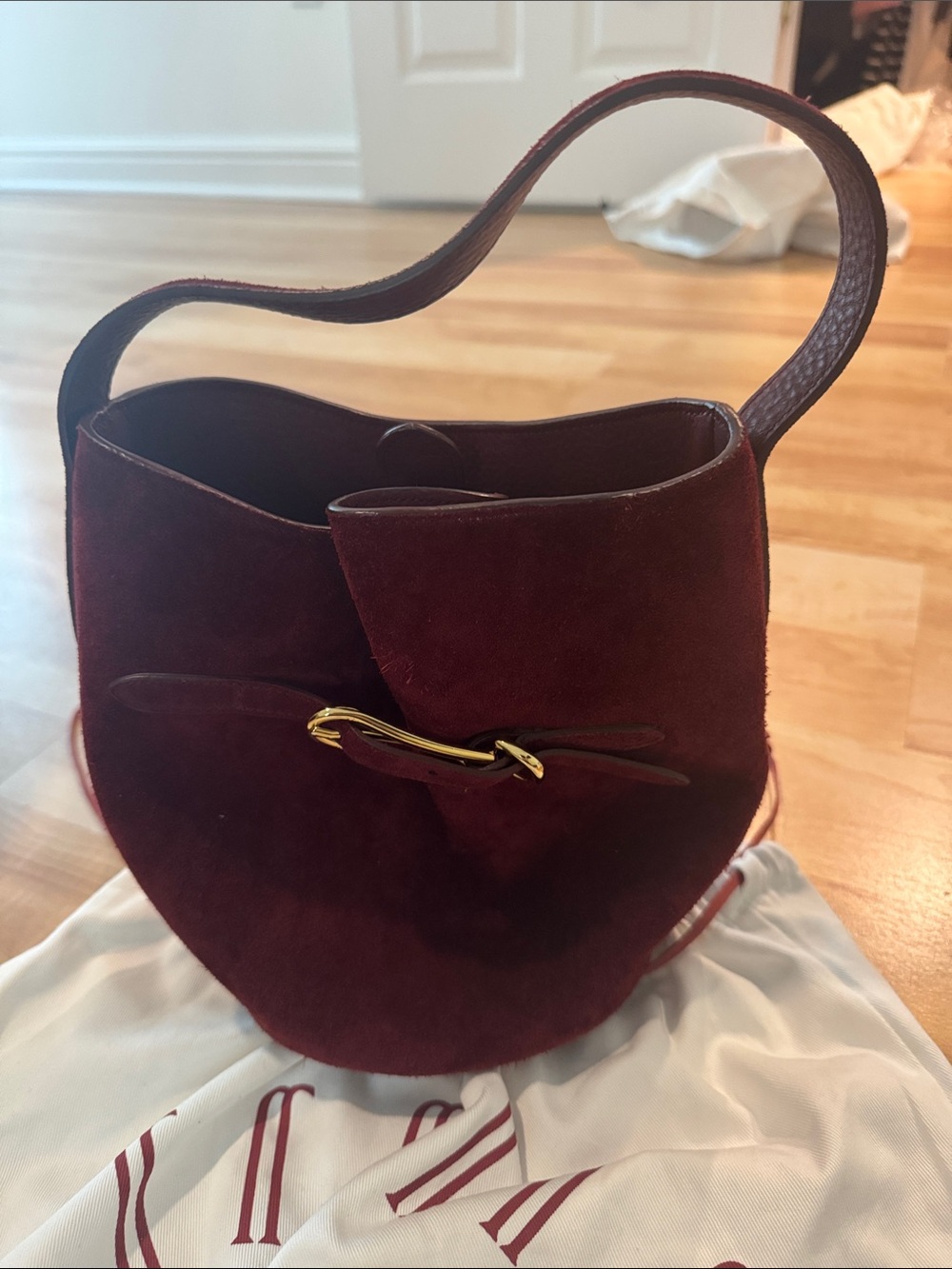 Suede Mini Shoulder Bag in Burgundy with Gold Buckle